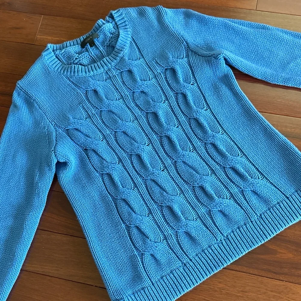 J.Crew Cable Knit Sweater SZ S Periwinkle Blue 100% Cotton Chunky Pullover - Picture 2 of 7